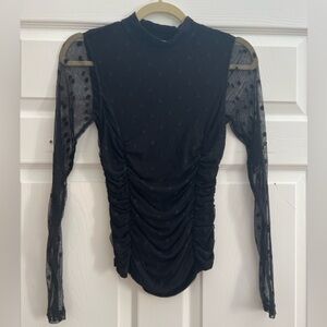 Evereve Black Sheer Dot Ruched Long-Sleeve Top